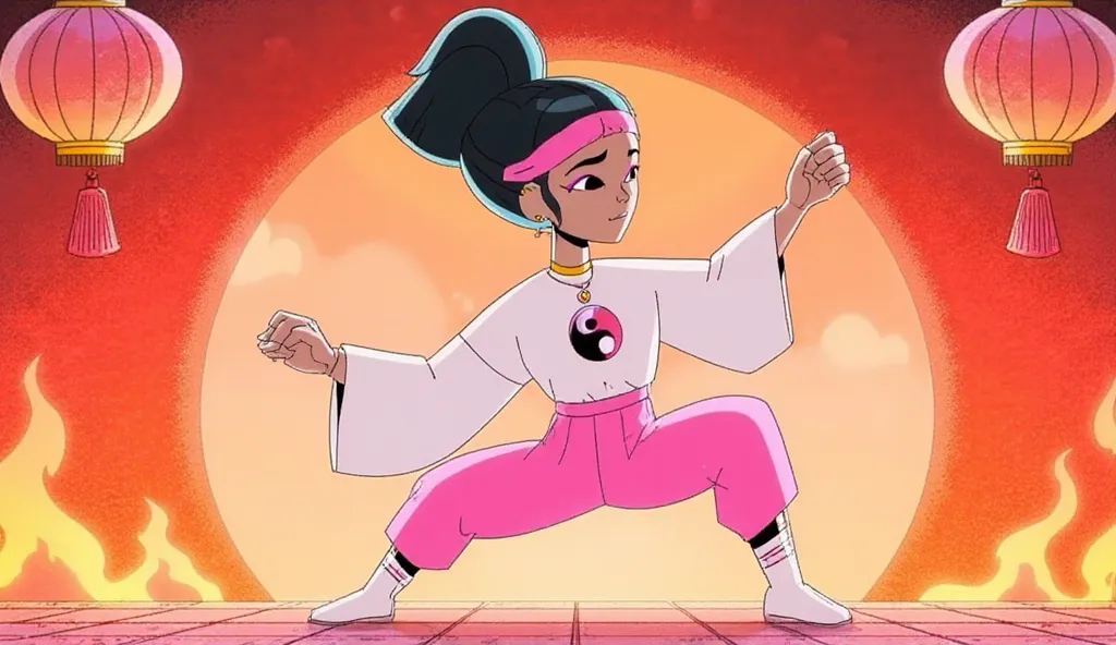 A  black female pink alfro headband and pink and white martial artist outfits  Chinese kung fu tai chi 
Outfit yin Yang dragon flame 
pink Kung fu warrior pants 80's anime character design sheet and shoes and flame paper lanterns backgrounds 