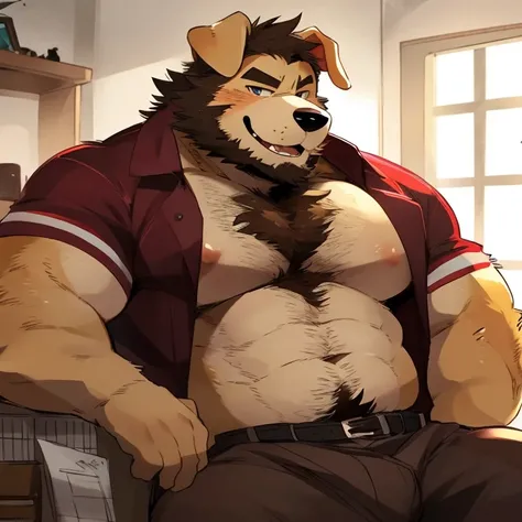 dog, furry, golden retriever, handsome, very muscular, very big, extremely hot and sexy, beard, hair, chest hair, charming eyes, solo, male, happy expression, daddy, full body, big body, clothes, middle aged, by hyaku, by darkgem, by glitter trap boy