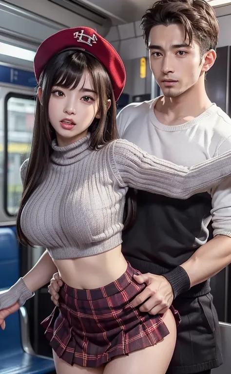 16k,  top quality, Masterpiece:1.2, RAW photos in the loop:1.3, very detailed,(she is looking back, stick out tongue),(((There was a man behind the her,man grabs the her's waist from behind))),((on the train, she clenches her teeth in frustration,she is ar...