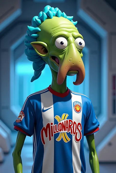 Mordelon from the show Futurama ,  wearing a jersey from the Millonarios Sports Club