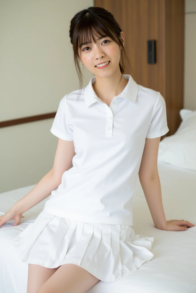 (Masterpiece, Best quality: 1.4), (Ultra realistic, Photo-realistic: 1.3), nsfw, ((Wearing white tennis uniform, White short-sleeve polo shirt with collar: 1.3)), (Not button polo shirt: 1.5), ((White pleated tennis skirt: 1.3)), (Wearing white sock: 1.2),...