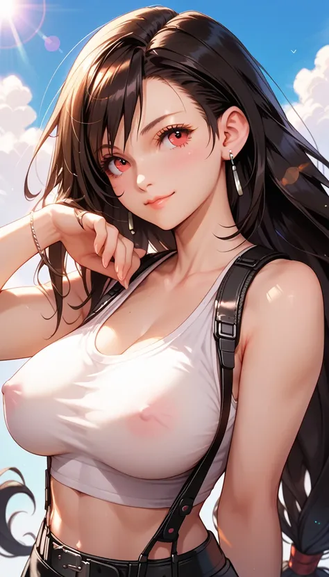 30 year old tifa lockhart, wearing tifa lockhart outfit,Large breasts,clothed,Lens Flare, Large breasts, erect nipples,