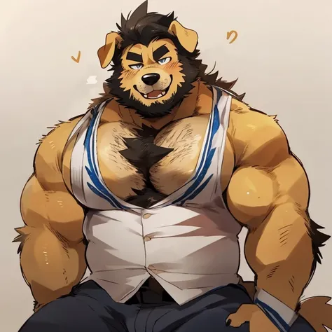 dog, furry, golden retriever, handsome, very muscular, very big, extremely hot and sexy, beard, hair, chest hair, charming eyes, solo, male, happy expression, daddy, full body, big body, clothes, middle aged, by hyaku, by darkgem, by glitter trap boy