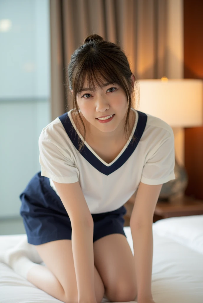 (Masterpiece, Best quality: 1.4), (Ultra realistic, Photo-realistic: 1.3), Natural light, 20 years old actor, Japanese woman, Neat and clean, (Wearing Sailor suit, short sleeve: 1.2), (Dark navy skirt: 1.2), (Wearing white sock: 1.2), (small breasts), (Pon...