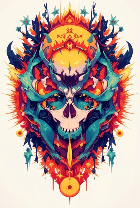 Simple composition of geometric patterns, bright futuristic colours, skulls, genius illustration style, Dali-esque, white background, top quality images.
