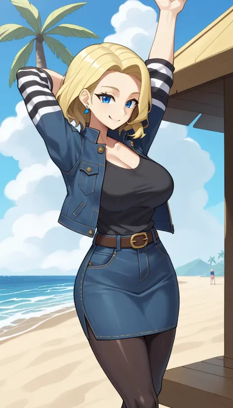  Masterpiece, top quality,
18ill,  1 GIRL, Alone,   blonde hair, medium hair ,   jewelry,  earrings,   big breasts, Chest, belt, denim jacket,  denim skirt,   Brown Footwear,   black shirt ,   beach, day, blue sky,   light smile,  striped sleeve ,  black p...