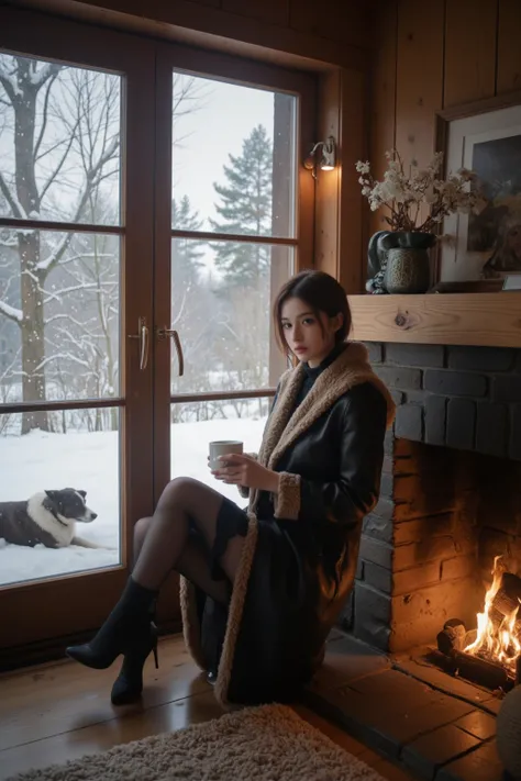  Warm wooden house ,  Snow scene outside a large glass window  ,   A beautiful woman by the fireplace, short hair,Wearing a faux leather coat , skirt pantyhose， Warm up with a cup of coffee in hand . ,   A dog resting in the house  ,
  In the woods outside...