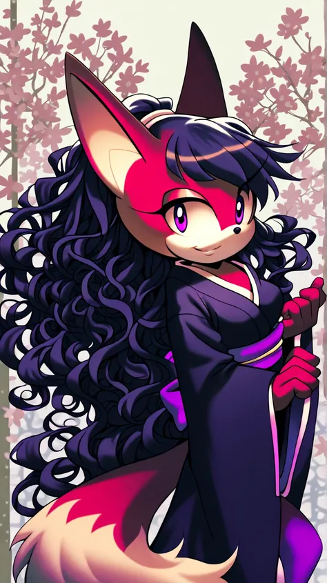   black hair,  very long hair,  medium breasts,  Fox Ears ,  purple eyes,   smile, black kimono , 