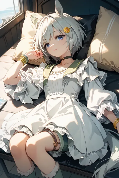 siun_Sky, horse ears, horse tail, short hair, white hair, bangs, hair ornament, hairclip, blue eyes,_Race,choker, white dress, Flutter Sleeves, white frills, (Sailor collar:0.6), green shorts, bracelet, boots
_Dance, long sleeves,Nap、Shade、 peek