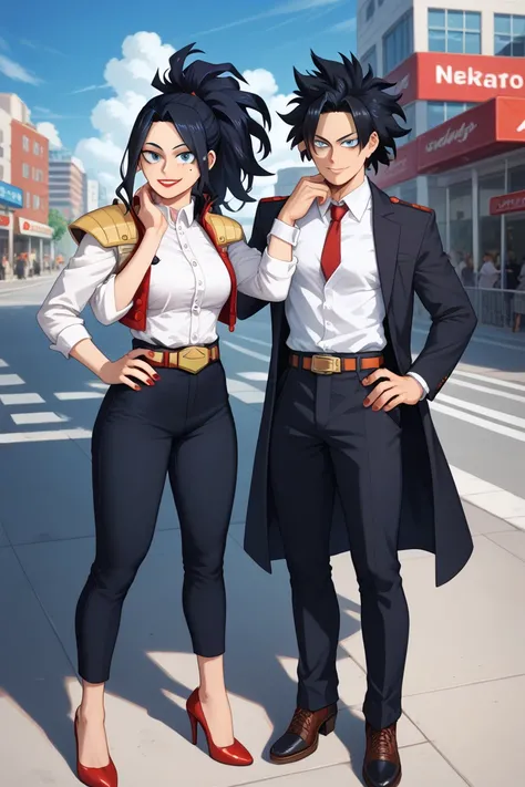 1girl, Nemuri Kayama (Boku no Hero Academia), black hair in high ponytail with bangs, blue eyes, small beauty mark under left eye, red fingernails, white shirt with collar up, black business suit jacket with shoulder pads worn on back, fitted black pants, ...