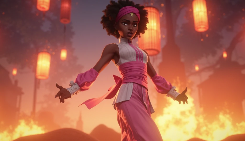 A  black teenage female pink alfro headband and pink and white martial artist outfits  Chinese kung fu tai chi 
Outfit yin Yang dragon flame 
pink Kung fu warrior pants 80's anime character design sheet and skirt shoes and flame paper lanterns backgrounds 