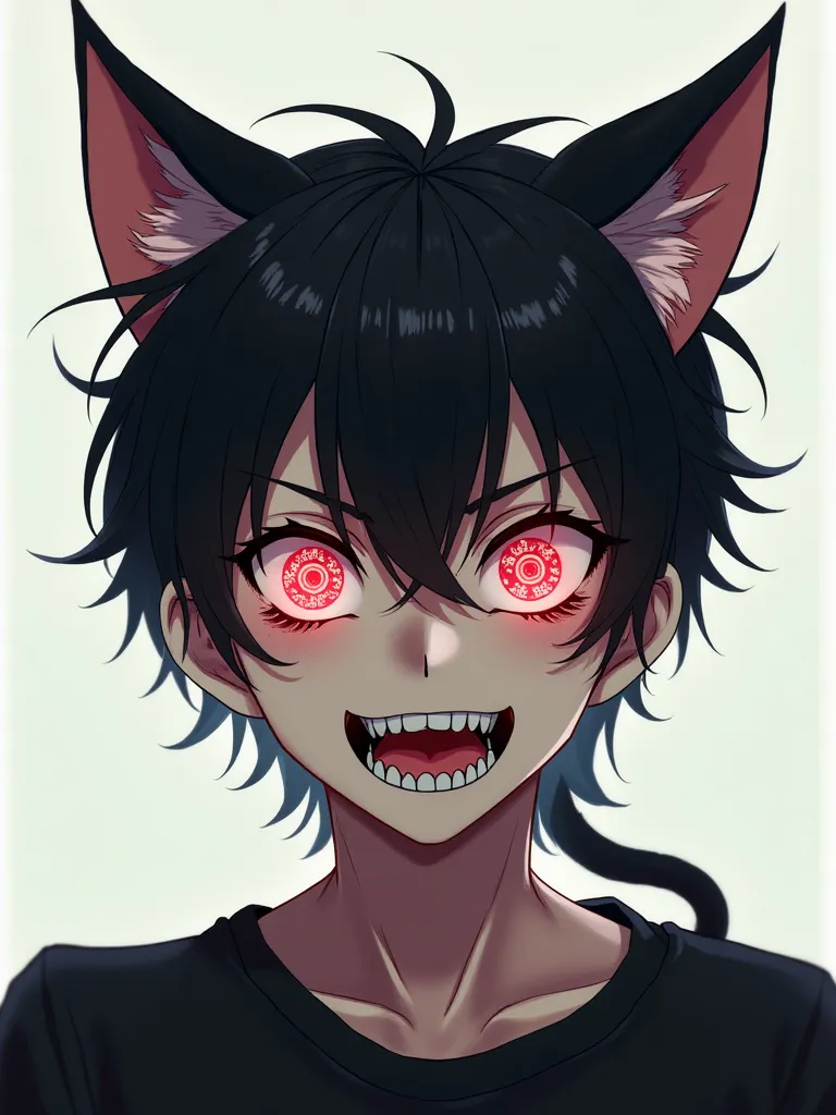  Hi-Res,  top quality, accurate, Cat ears,  red eyes,  Crazy Eyes ,  crazy smile, Bloodshot eyes, 1 young man anime, 