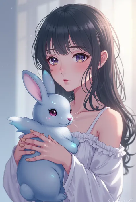 Now I want,  a 23-year-old woman holding a medium rabbit in her hand that is silver in color with touches of blue, light blue and that has a half-transparent appearance that is anime-style