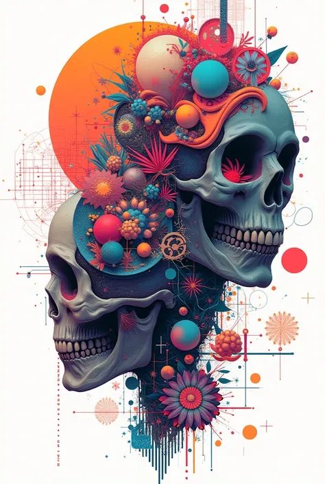 Simple composition of geometric patterns, bright futuristic colours, skulls, genius illustration style, Dali-esque, white background, top quality images.
