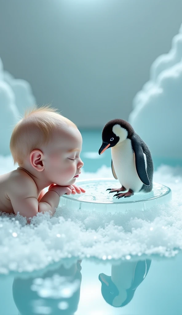 A white baby with a glass tray filled with ice and a penguin cub on top of the ice 