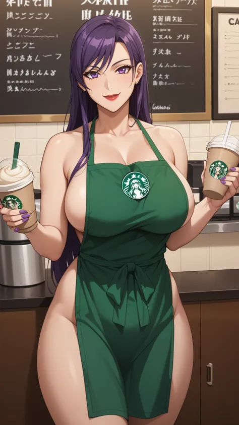 Girls, smile, red lips, fair skin, long hair, bog boobs, big breats, big ass, big butt, sexy body, thic body, sexy girls, nails, purple nails colors, apron, starbucks apron, barista girls, barista girls starbucks, Right hand holding a Starbucks drinking gl...