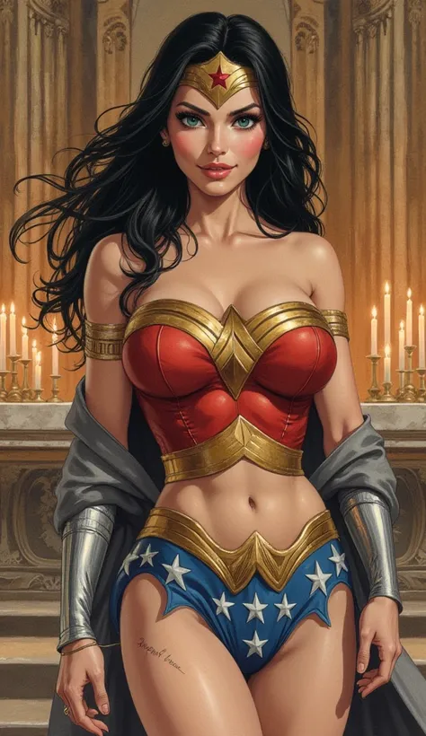 the detailed proportions and textures brushed multicolored and softened with airbrush, a semi-realistic Chinese ink illustrationof exotic beauty, strong a wonder woman (full body and shy pose, perfect face, innocent look, thick thighs, round and huge breas...