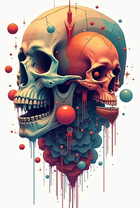 Simple composition of geometric patterns, bright futuristic colours, skulls, genius illustration style, Dali-esque, white background, top quality images.
