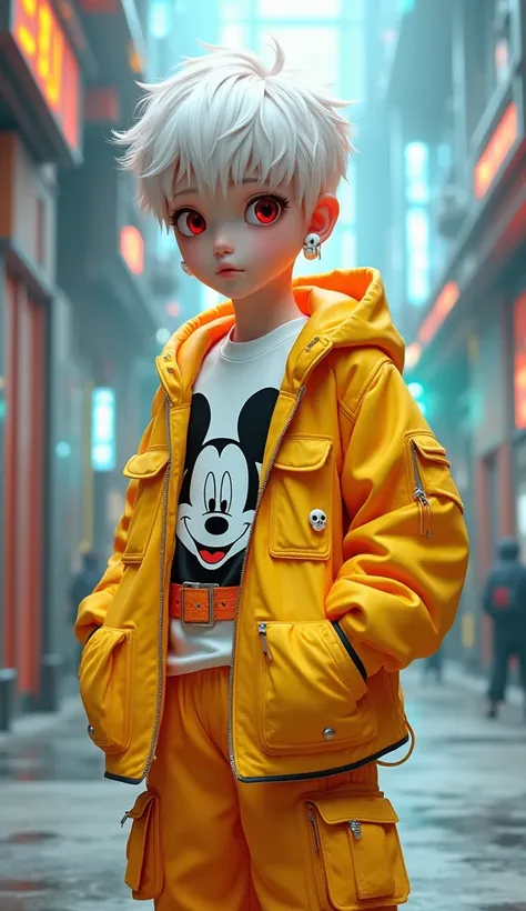 3D anime style, BJD ， cyberpunk style,  boy, white blond hair, red eyes, white skull earrings, fluorescent yellow collar, white t-shirt with Mickey Mouse pattern, fluorescent yellow multi-pocket design long-sleeved jacket, hands in jacket pockets, fluoresc...