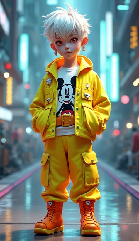 3D anime style, BJD ， cyberpunk style,  boy, white blond hair, red eyes, white skull earrings, fluorescent yellow collar, white t-shirt with Mickey Mouse pattern, fluorescent yellow multi-pocket design long-sleeved jacket, hands in jacket pockets, fluoresc...