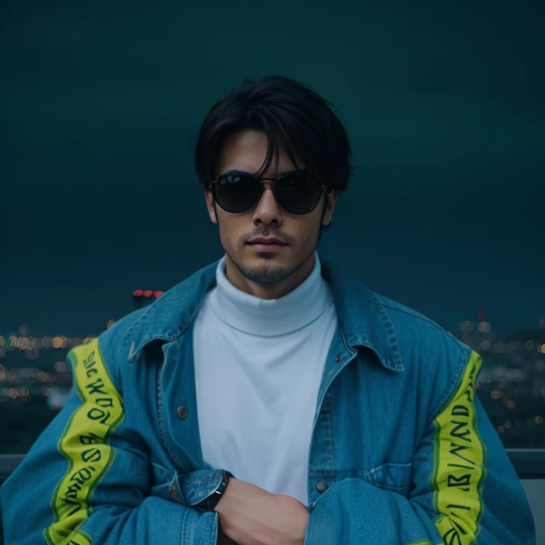 A stylish man around 30 years old with light skin, wearing black sunglasses, a blue denim jacket, and a white turtleneck shirt. phisticated look. The background is softly blurred to focus on his fashionable appearance."