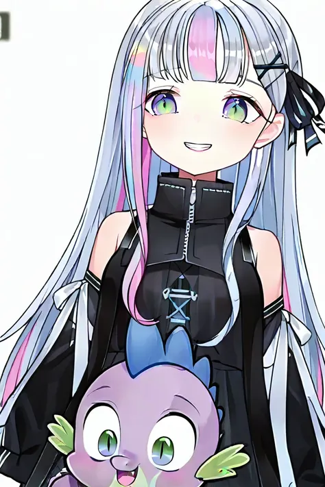  long hair,  bangs, shirt, hair ornament , ribbon, bare shoulders,   twin tail  ,  blue hair, hair ribbon,  pink hair , :d, View people who see multicolored hair , Teeth, Hairpin,  Strake Hair , black shirt, black ribbon, consolationper Teeth, x hair ornam...