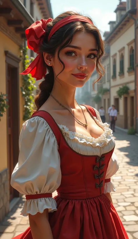 A French woman in a traditional Alsatian dress with a large ribbon headpiece, posing in a charming cobblestone village.(Best masterpiece: 1.5)0.9], (Radiant glow: 1.1), (Thick lips: 0.9), Fat girl, Realistic painting inspired by Shadi Safdi, Art Station, G...