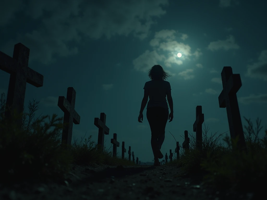 A 45-year-old black woman walks in a cemetery at night.  she's scared, It's a very poor cemetery in Brazil with simple crosses on the ground. 