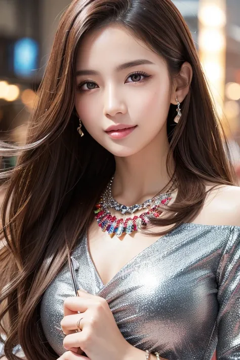  super real girl ,  beautiful smile ,  lip gloss,  Dramatic Makeup ,  checked shirt , (( Big Sparkling Necklace )), ((big shiny bracelet)), Daytime scene, Long multicolored fashion flowing hair against the backdrop of a big shopping mall,  that improves wh...