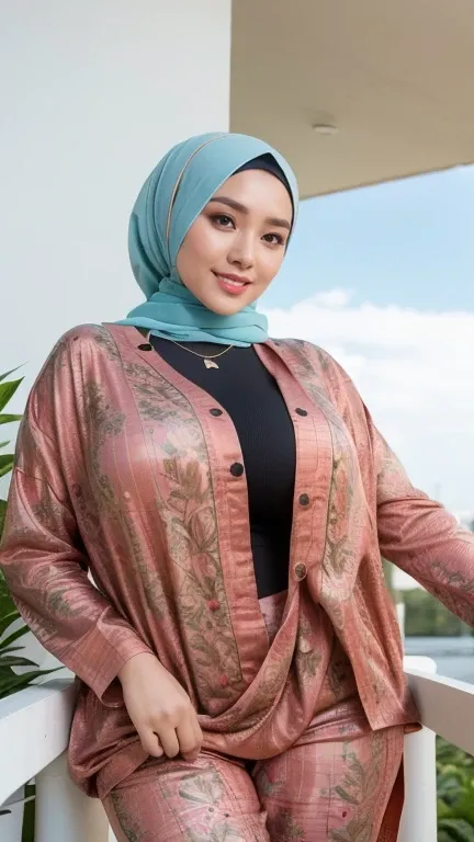 ,   best quality,     high resolution    ,  Great work of art : 1.3),   beautiful Malaysian woman wearing a hijab, Great work of art ,  Suitable for a shapely  , (  big breasts  ),    big beautiful eyes   ,   a cute smile  ,   wear a tight shirt & tight pa...