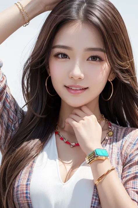  super real girl ,  beautiful smile ,  lip gloss,  Dramatic Makeup ,  checked shirt , (( Big Sparkling Necklace )), ((big shiny bracelet)), Daytime scene, Long multicolored fashion flowing hair against the backdrop of a big shopping mall,  that improves wh...