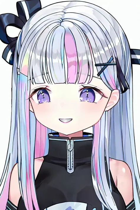  long hair,  bangs, shirt, hair ornament , ribbon, bare shoulders,   twin tail  ,  blue hair, hair ribbon,  pink hair , :d, View people who see multicolored hair , Teeth, Hairpin,  Strake Hair , black shirt, black ribbon, consolationper Teeth, x hair ornam...