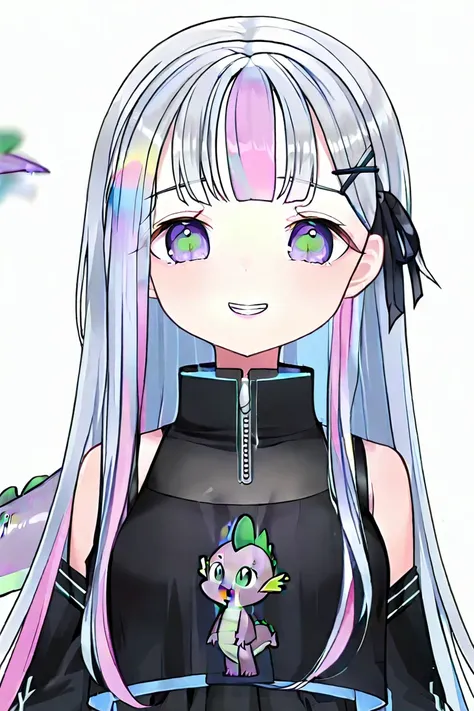  long hair,  bangs, shirt, hair ornament , ribbon, bare shoulders,   twin tail  ,  blue hair, hair ribbon,  pink hair , :d, View people who see multicolored hair , Teeth, Hairpin,  Strake Hair , black shirt, black ribbon, consolationper Teeth, x hair ornam...