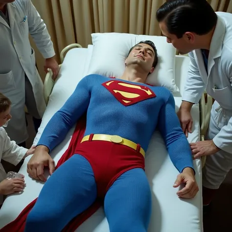  An overlooking scene , Superman lying on a white hospital bed , in a clinical setting ,  looks lost consciousness or is in serious difficulty ,eyes closed,Mouth slightly open.  His muscular physique stands out in blue ,  in a textured costume with a prono...