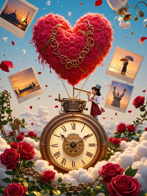  brass texture and leather texture ，Victorian costume 。 girl holding a cog telescope ， teenager operating a steam-powered typewriter ， sheepskin love letter falling from a robotic bird's beak 。 background giant clock gears bite to form a heart， pocket watc...