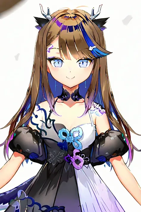  long hair,  bangs,  brown hair, hair ornament ,   twin tail  ,  blue hair, View people who see multicolored hair , Two-tone hair,  Strake Hair , horn,  dress,  severed, collarbone, Virtual YouTuber, STELLIVE 1  , AirikAnna 1 girl, score_9, score_8_consola...