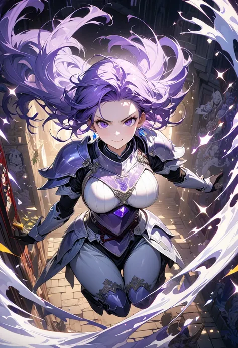 ((masterpiece, highest quality, highly detailed, detailed 4k artwork, shine, sparkle, white sheen and sparkle, female, knight, wearing sparkling purple plate armor adorned with sapphires, long purple hair, serious face, large breasts, inside a western-styl...