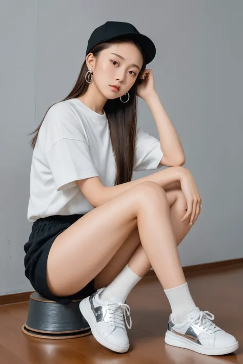 8K RAW photo.
 Tall young Japanese beautiful woman with brown
 semi-long hair pulled back is sitting holding her knees with downcast eyes slightly open looking sideways.
Black cap. Small silver dolphin earrings. Silver rings.
Completely bare skin, socks an...