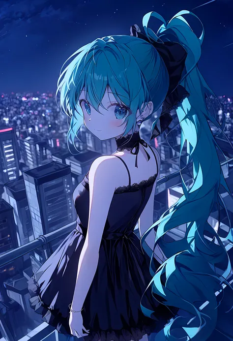 score_9, score_8_up , score_7_up ,source_anime, 1girl ,  Hatsune Miku, ponytail, black ribbon,  black camisole, black high heels, night view,rooftop,