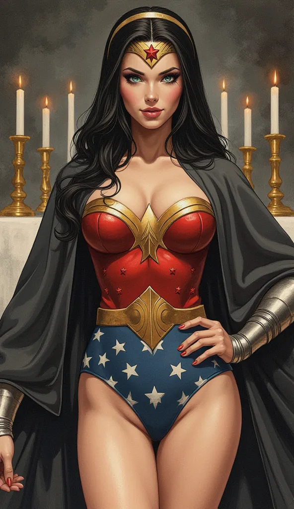 the detailed proportions and textures brushed multicolored and softened with airbrush, a semi-realistic Chinese ink illustrationof Exotic beauty, strong and with an air of holiness, a wonder woman with a holy ring (full body and shy pose, perfect face, inn...