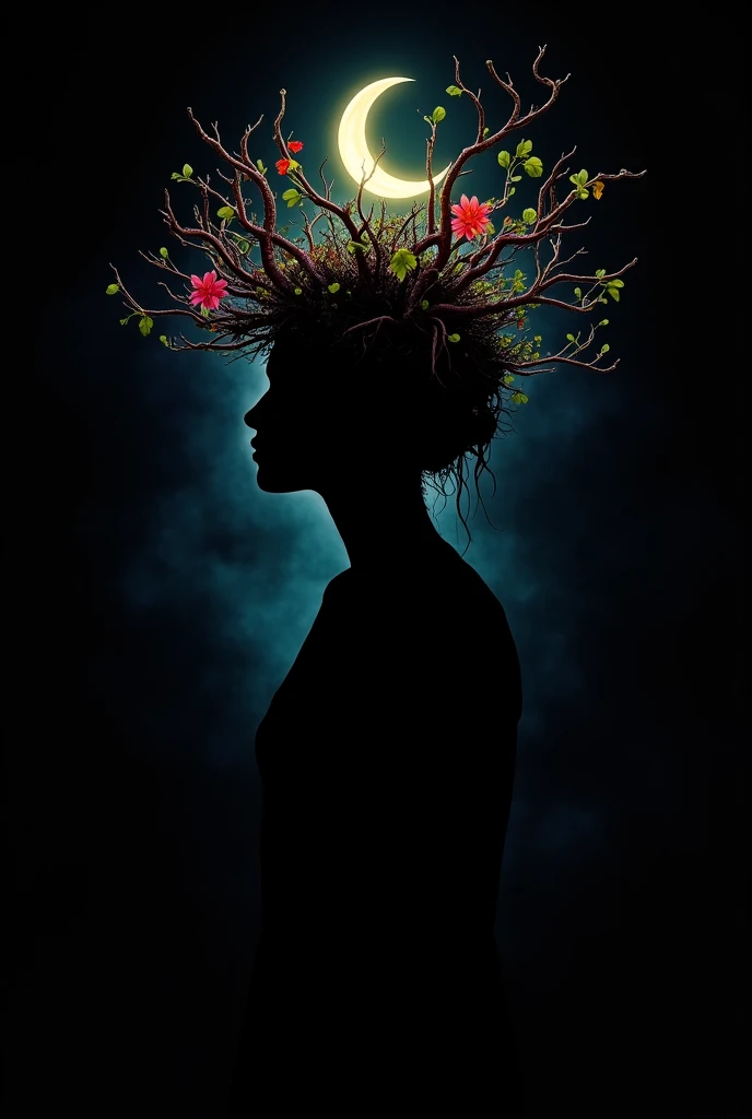 Silhouette of a woman with colored branches and leaves and a moon on her head. 