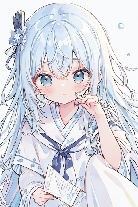  wacky solution,  ultra high resolution, ( Best Quality Illustration ), 8k,  super A high resolution,   simple background, poncho、shy、 I'm embarrassed、 White Dress、 light blue hair、Holding a letter