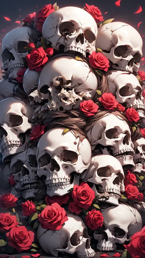  piled up skulls and rose flowers、