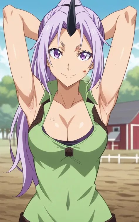 score_9, score_8_up, score_7_up, source_anime, anime screencap, 1girl, solo, shion, purple hair, eyebrows, purple eyes, long hair, ponytail, one horn, bare shoulders, farmer outfit, sleeveless, cleavage ,arms behind head, armpits, looking at viewer, head t...