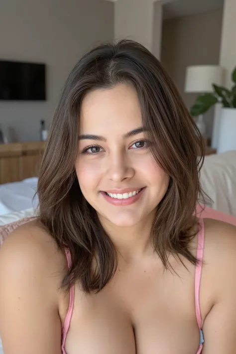 RAW photo of woman, wearing a pink bra, in a living room, detailed face, natural lighting, highly detailed, absurdres, smile happy
