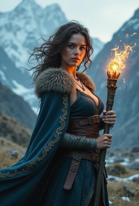 Maga sombria Skyrim, sensual witch,  Elemental Magic , humana viking jovem,  curly hair,  Young Woman,  magic staff , d&d,  in front of the spectator, mountain, Skyrim, viking style