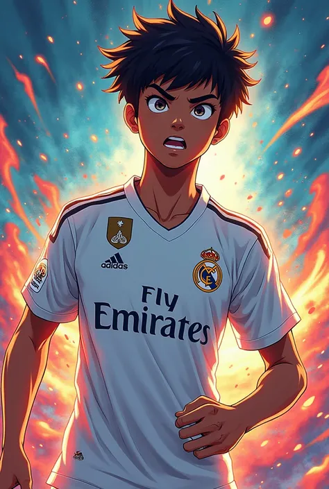 Brown anime character wearing the Real Madrid jersey with various effects 