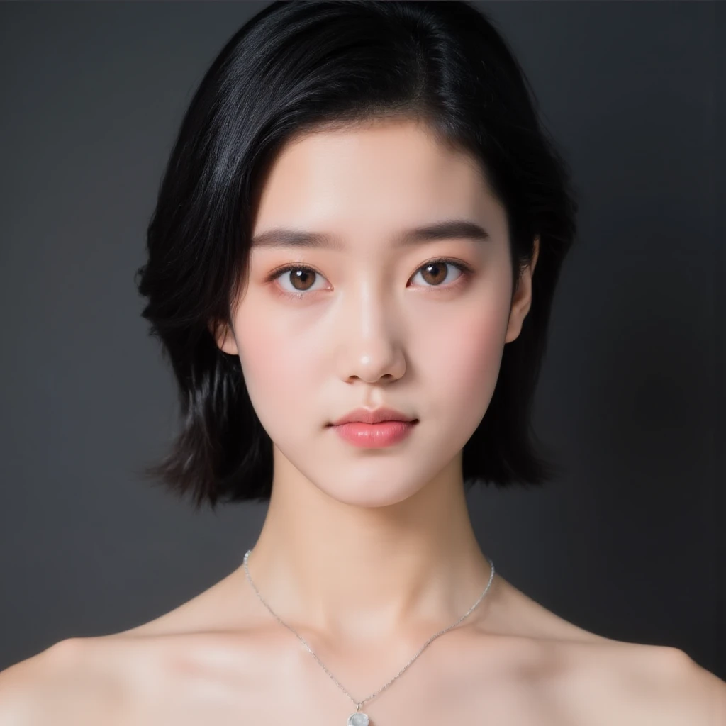 Ultra-fine， HD，Portrait of an extremely beautiful asian girl， facial portrait ，Clear skin texture， black eyes ，Her pupils are also black ， with very short hair ，The one with short hair is as long as a man's，(((With earrings， necklace)))，(( front view))，Fac...