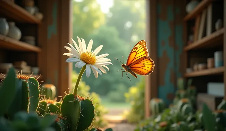 an orange butterfly and a white cactus flower . The cactus is in a storage room in the garden of a house