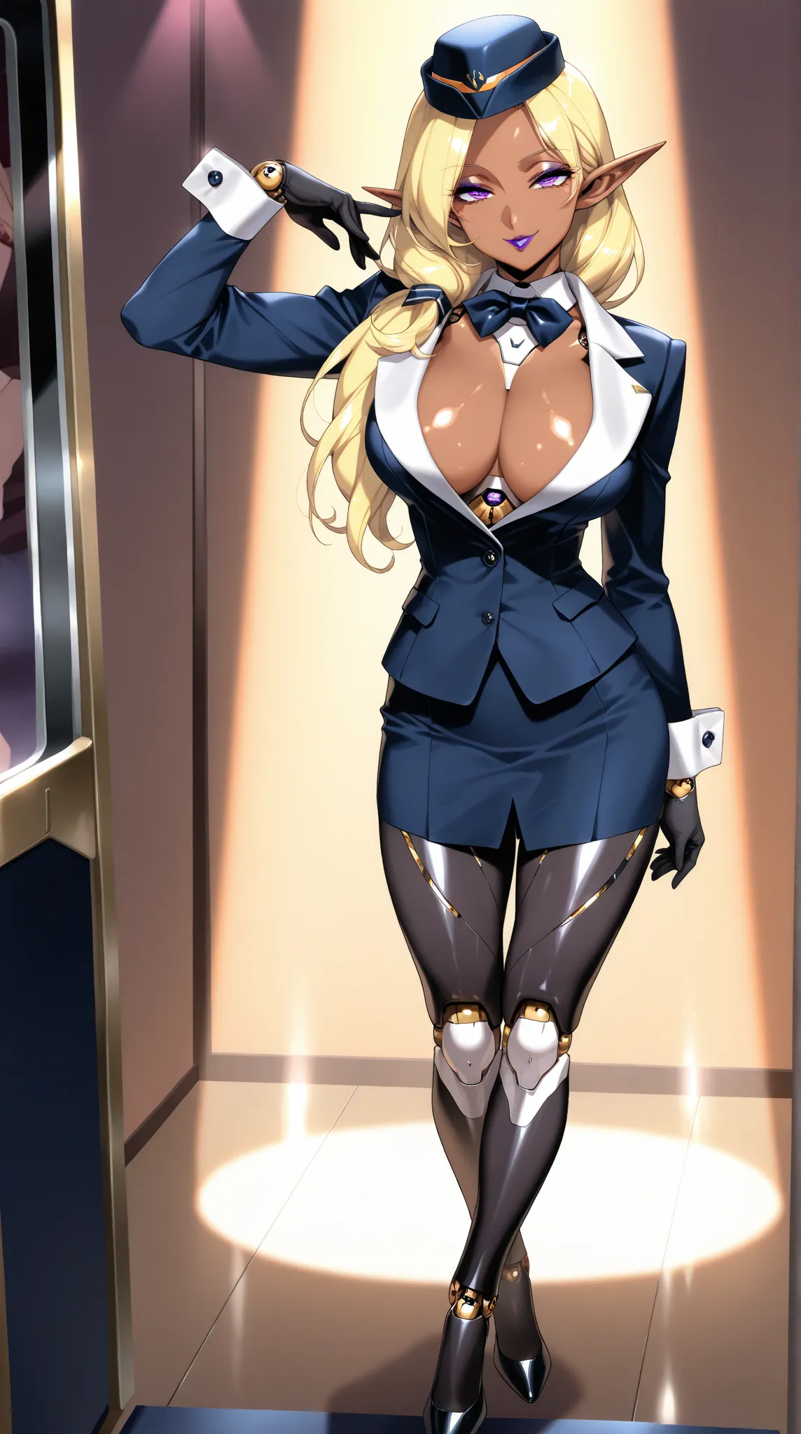 (incredible high resolution, masterpiece, highest quality, highly detailed, CG, official art, high quality anime drawing), mature seductive female android, (cabin attendant outfit with striking metallic surface texture that reflects light brilliantly, bow ...